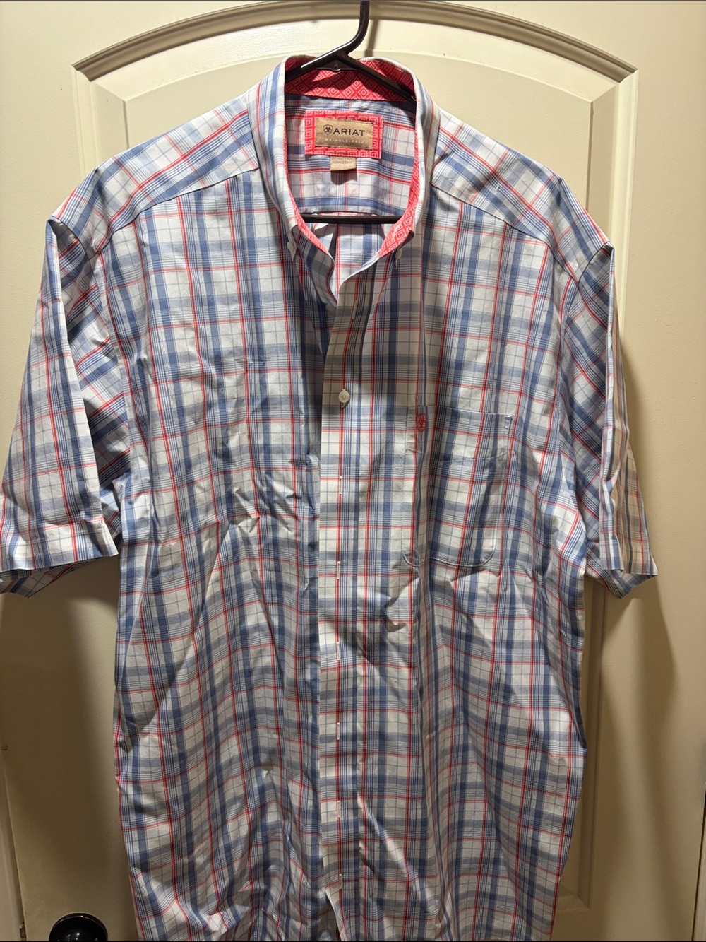 Ariat Men's Light Blue and Red Plaid Short Sleeve Button-Down Shirt